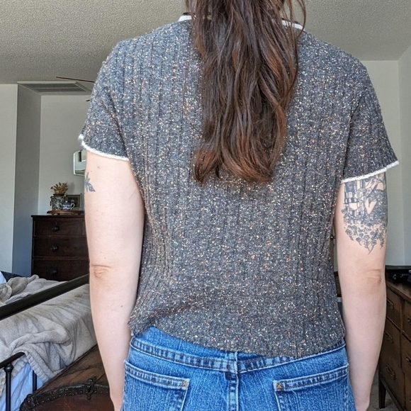 Vintage Y2K V Neck Preppy Speckled Pullover Short Sleeve Sweater - Picture 2 of 5